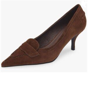 FYS Brown Pointed Toe Pumps Slip on Mid Heel Loafers Office Formal Work Shoes